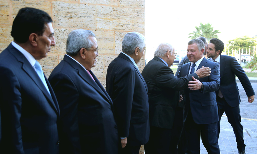 His Majesty King Abdullah and HRH Crown Prince Hussein greet guests at an iftar banquet in Al Hussein Youth City on Sunday (Photo courtesy of Royal Court)